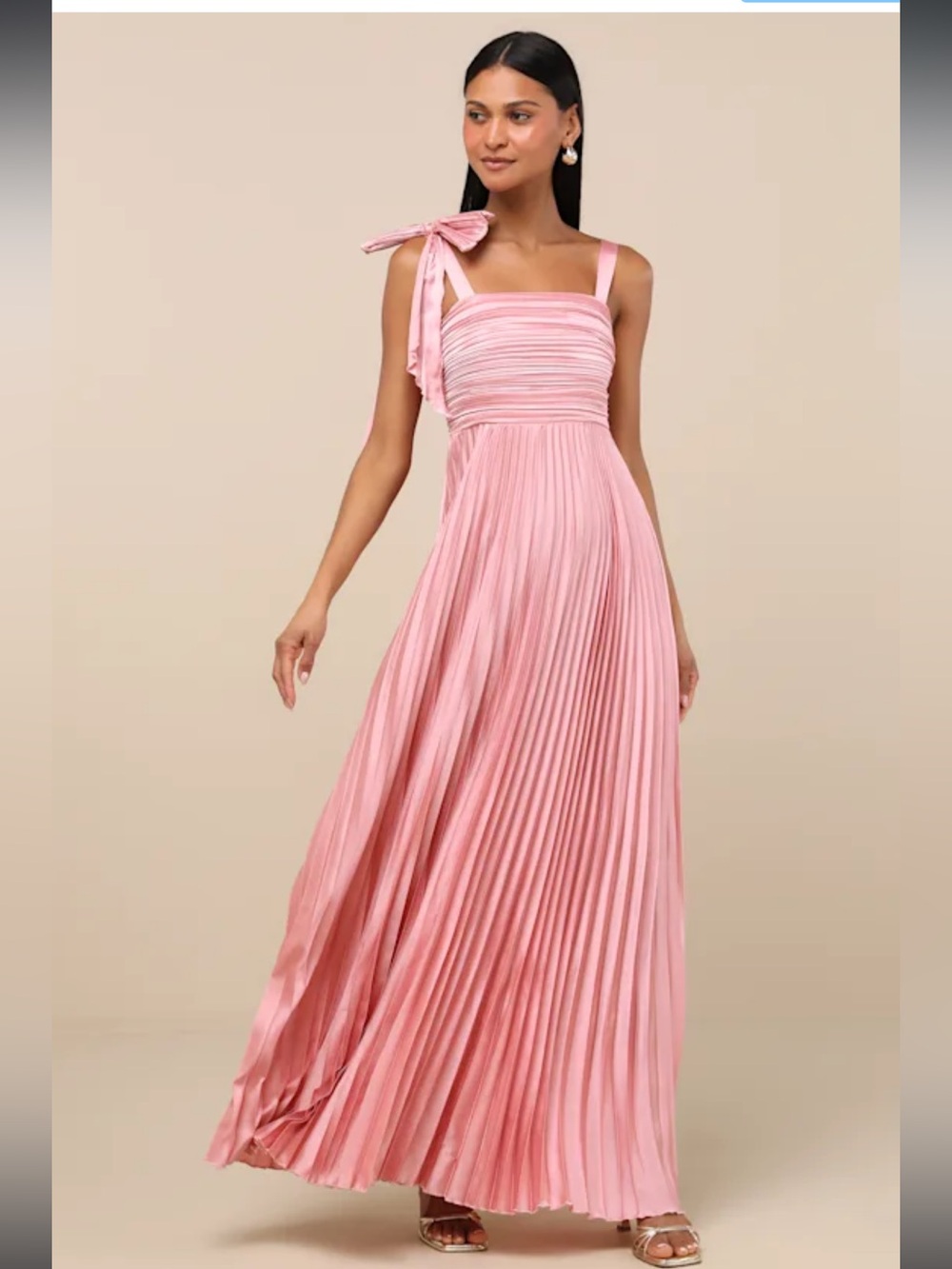NWT Lulus Gorgeous Purpose Pink Satin Pleated Sleeveless Bow Maxi Dress Large